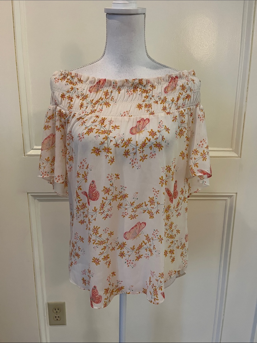 Madewell Off-Shoulder Butterfly & Floral Blouse - White, Pink, Gold